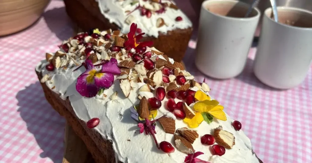 Un cake parsemé d'amandes et de fleurs de champs pour le repas d'un séminaire codir au Granges de Capucine